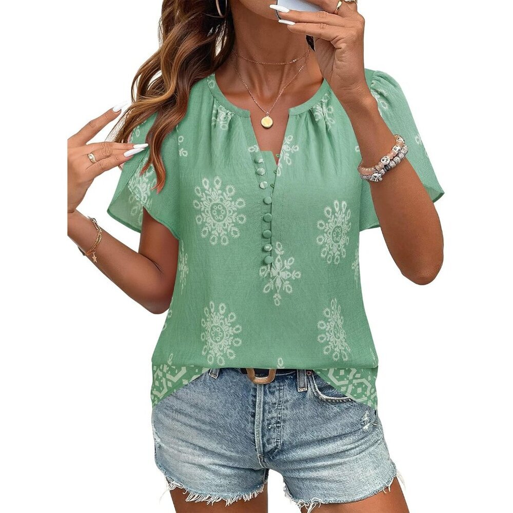 Womens Summer Boho Tops Short Sleeve Floral Blouses Button Down Beach Vacation - Picture 3 of 6